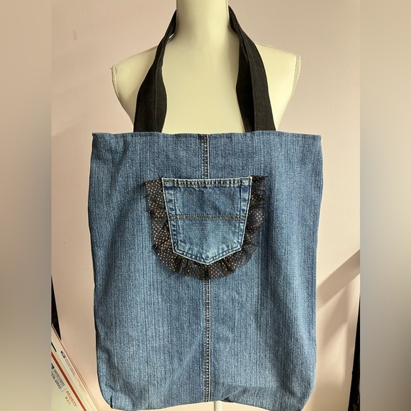 Handmade Upcycled Women’s Tote/Shoulder Bag, Denim, Chic Pup - Picture 2 of 4
